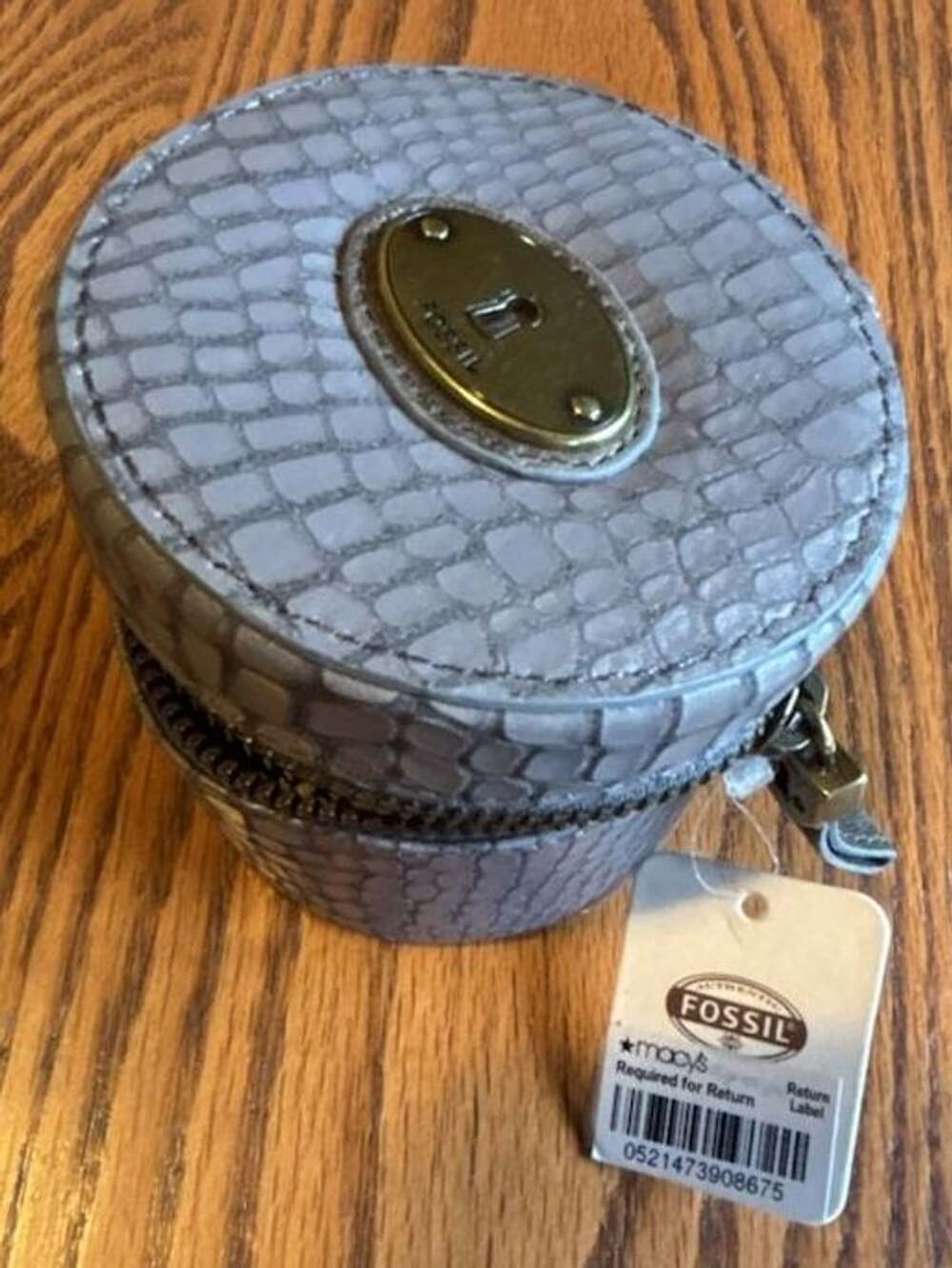 Fossil Round Jewelry Box Gray Croc Embossed Leather